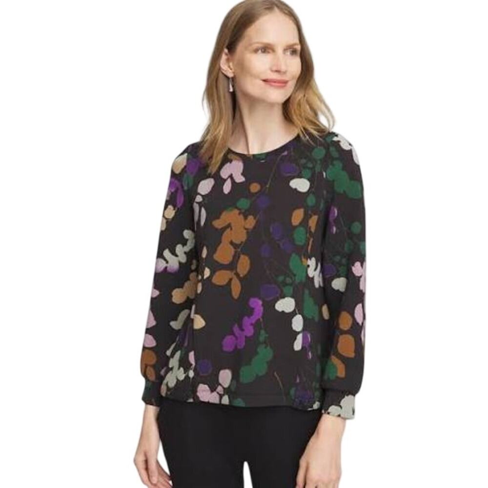 Chicos Floral Bungee Hem Top Size 2 (Womens Medium) Black Scuba Stretch Knit